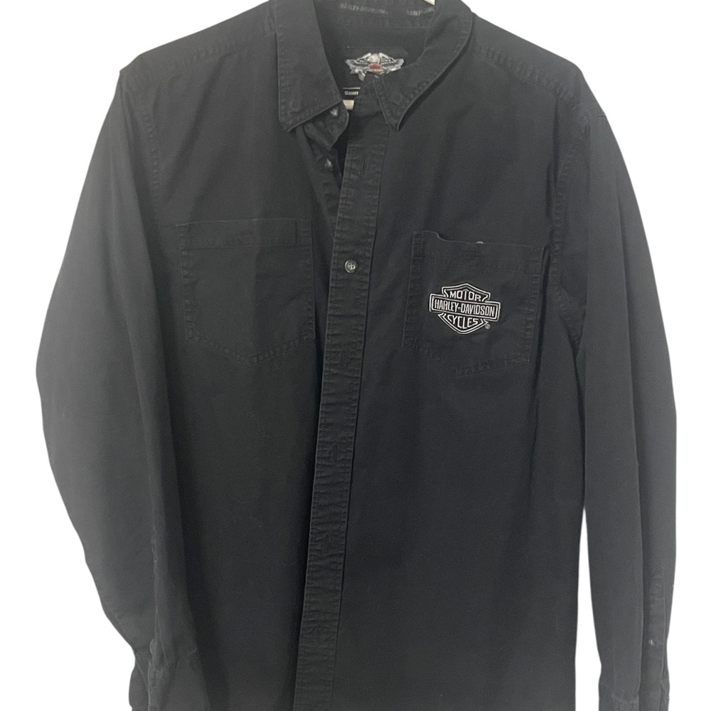 🔥 Harley-Davidson Men's Button-Down Shirt – Large – Black – Flames Logo 🔥 - Picture 2 of 7